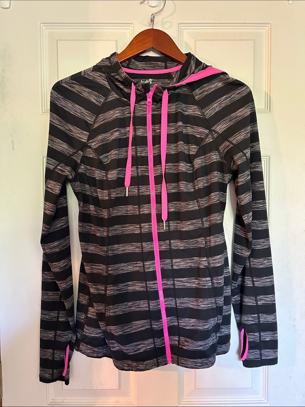 lukka Black Striped Hooded Jacket with Hot Pink Trim